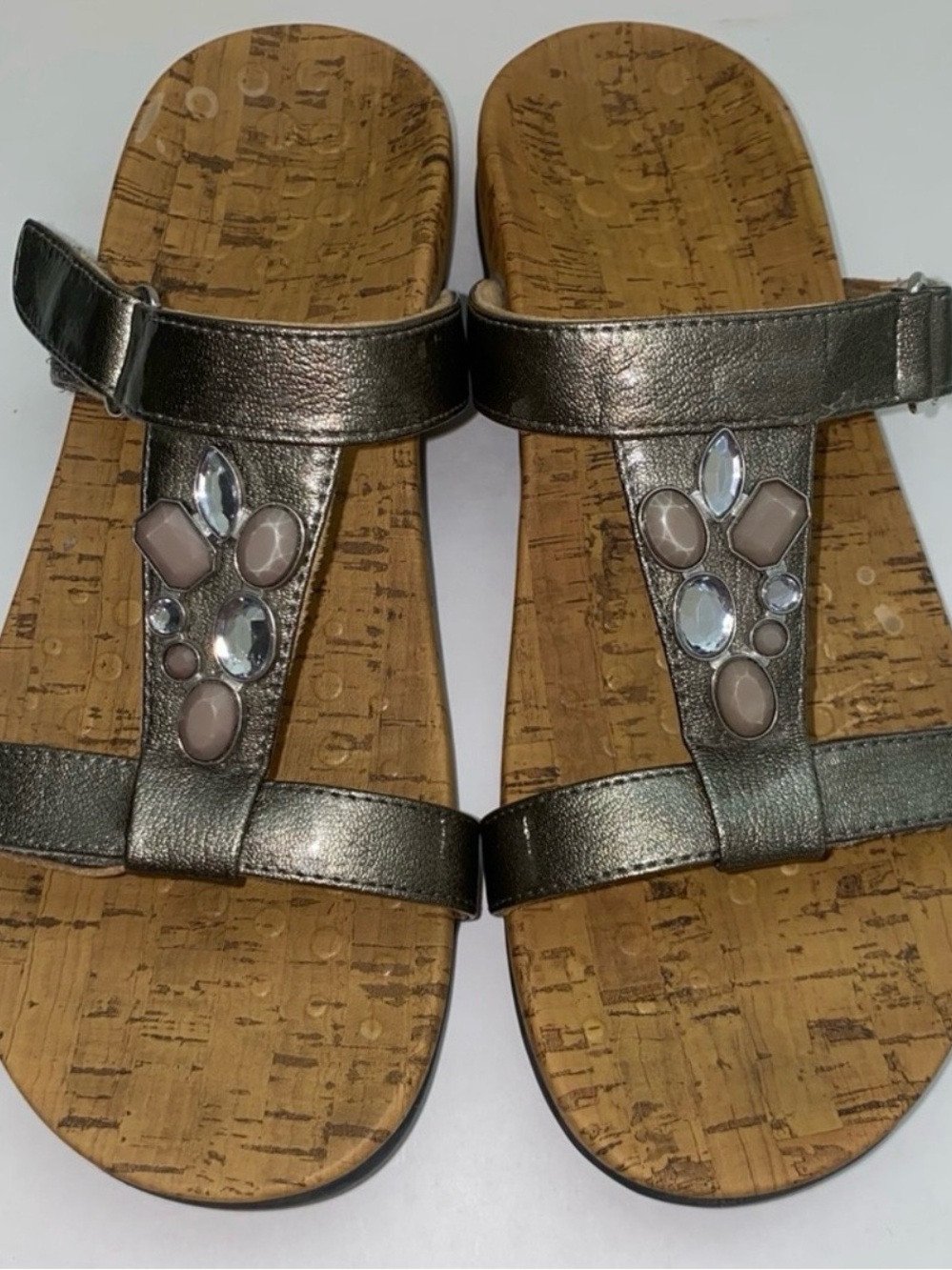 VIONIC  8 Women’s Metallic Taupe Jeweled Slide Sandals